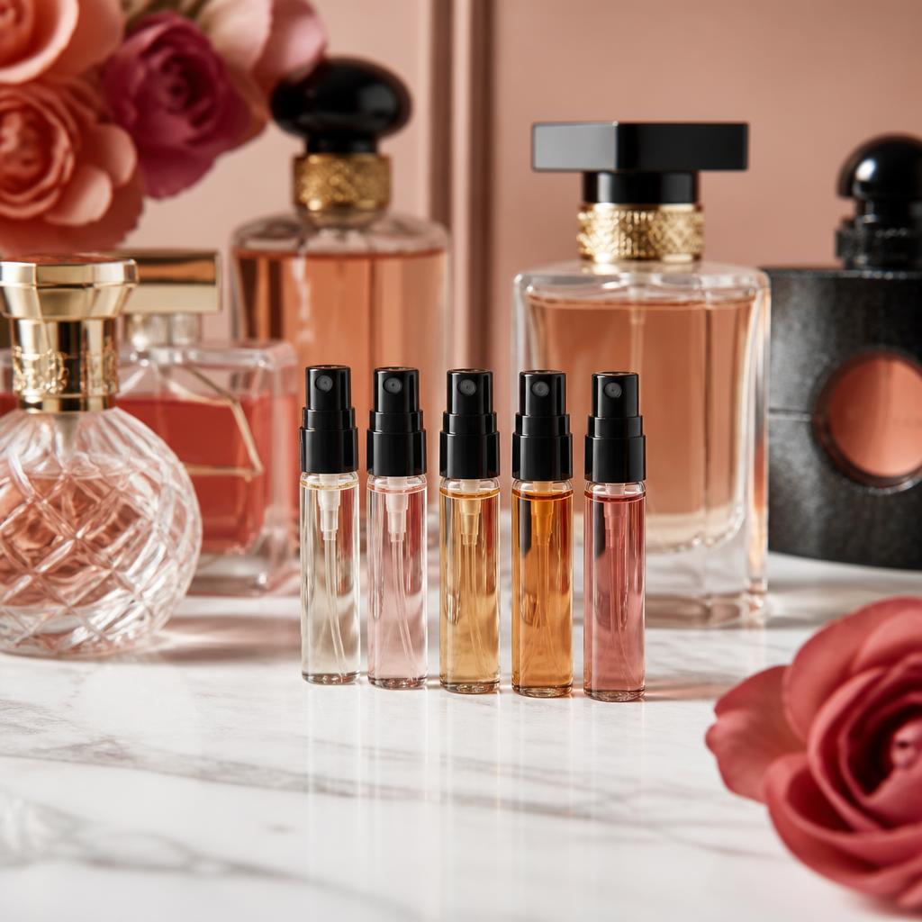 Decants de 2ml alinhados sobre base de mármore com frascos de perfume ao fundo
